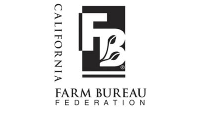 Logo of the California Farm Bureau Federation. It features the letters "FB" with a leaf design, symbolizing their alliance with small business owners, and the organization's name written vertically and horizontally.