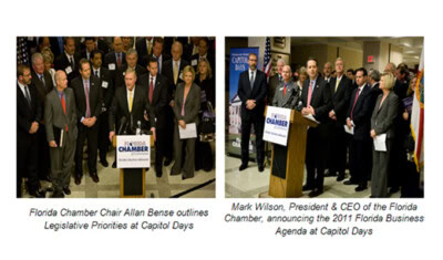 Two images of formal events show officials standing at podiums, addressing audiences. The first features Allan Bense discussing the 2011 Legislative Agenda; the second features Mark Wilson of the Florida Chamber of Commerce announcing an agenda.