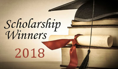 Text on image reads, "2018 College Scholarship Winners" next to a graduation cap, a stack of books, and a rolled diploma tied with a red ribbon.