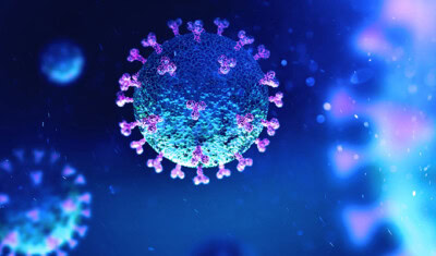 A close-up illustration of a virus, showing a spherical structure with spike proteins on its surface, reminiscent of the COVID-19 crisis. The image uses a blue and purple color scheme.