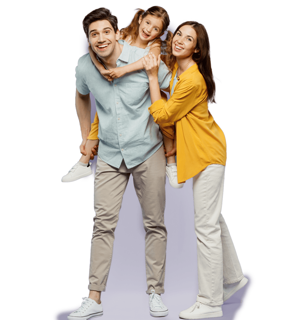 A smiling man, benefiting from the direct alliance with family, carries a girl on his back while a woman stands beside them, all posing against a plain background.