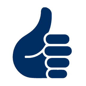 A dark blue graphic of a hand giving a thumbs up on a light gray background.