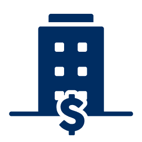 Blue icon of a multi-story building with a dollar sign in front, symbolizing business, finance, or corporate investment.
