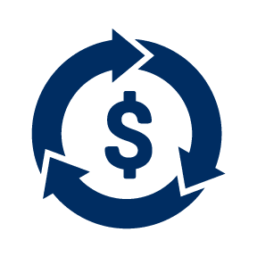 A blue dollar sign surrounded by three blue arrows forming a circular loop, symbolizing financial cycle or currency circulation.
