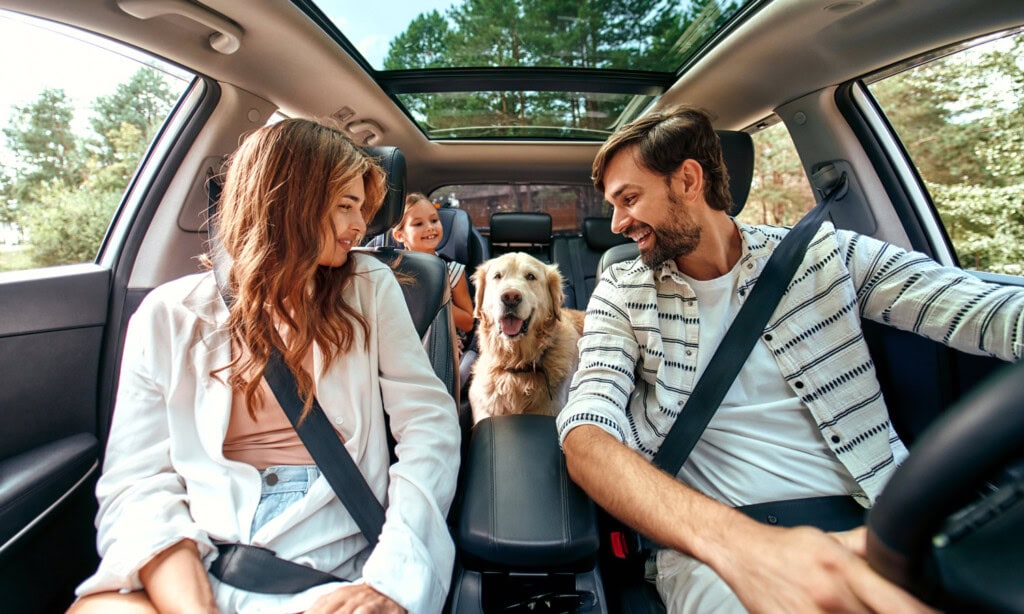 A family—a woman, a man, a child, and their dog—are sitting in a moving car, all wearing seatbelts. The car has a sunroof, and trees are visible outside.