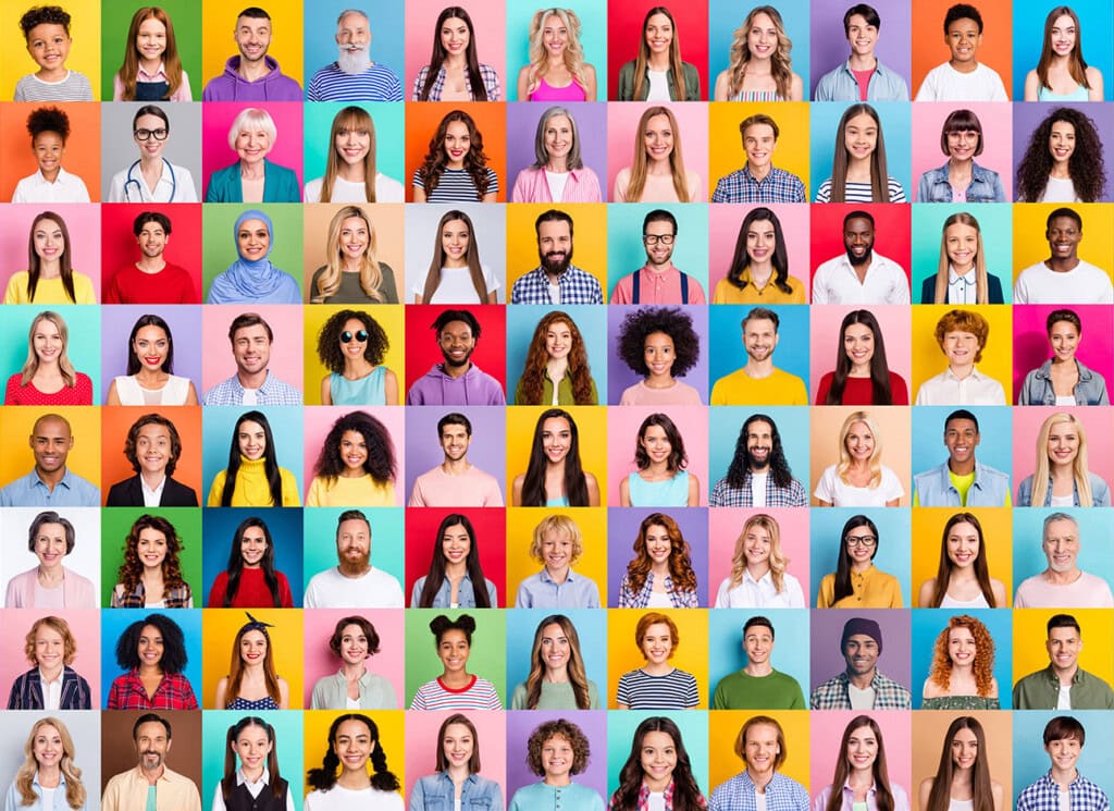 A grid of diverse people of various ages, genders, and ethnicities, each smiling against different colorful backgrounds, showcasing the direct benefits of a global alliance.