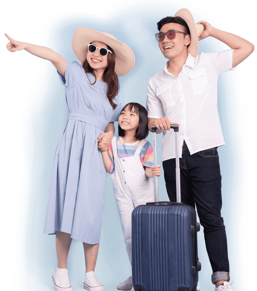 A couple and a child, wearing summer clothes and hats, stand with a suitcase, ready for their journey. The woman points to something in the distance, perhaps looking forward to discovering new adventures before returning home.