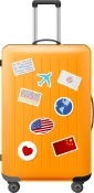 A bright orange suitcase with a retractable handle is decorated with various travel-themed stickers, including flags, a globe, an airplane, and a heart that reminds you of home.