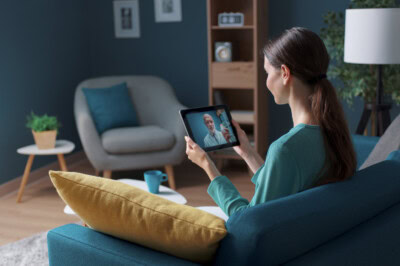 A woman sits on a blue sofa, holding a tablet and video chatting with a man. The room has modern decor, including a lamp, shelf, and an armchair with a plant on a side table. Their conversation revolves around freelance work opportunities for independent contractors.