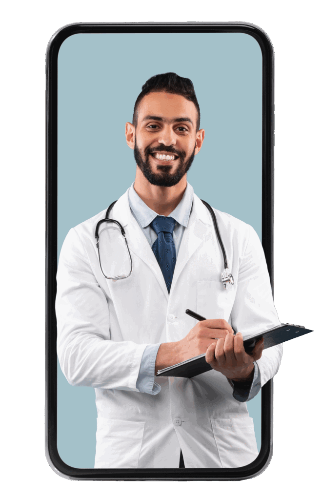 telemedicine_2086113058 A male doctor from Alliance Health, wearing a white coat and stethoscope, holds a clipboard and pen while smiling at the camera on a smartphone screen.