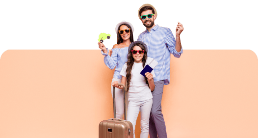 Three people in casual clothes and sunglasses stand together with travel documents and a suitcase against a peach-colored background, ready to leave home for their next adventure.